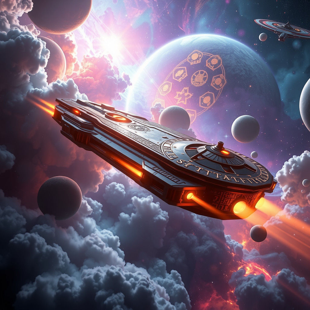 Mystical Starship Navigates Iridescent Nebula in Fantasy Art