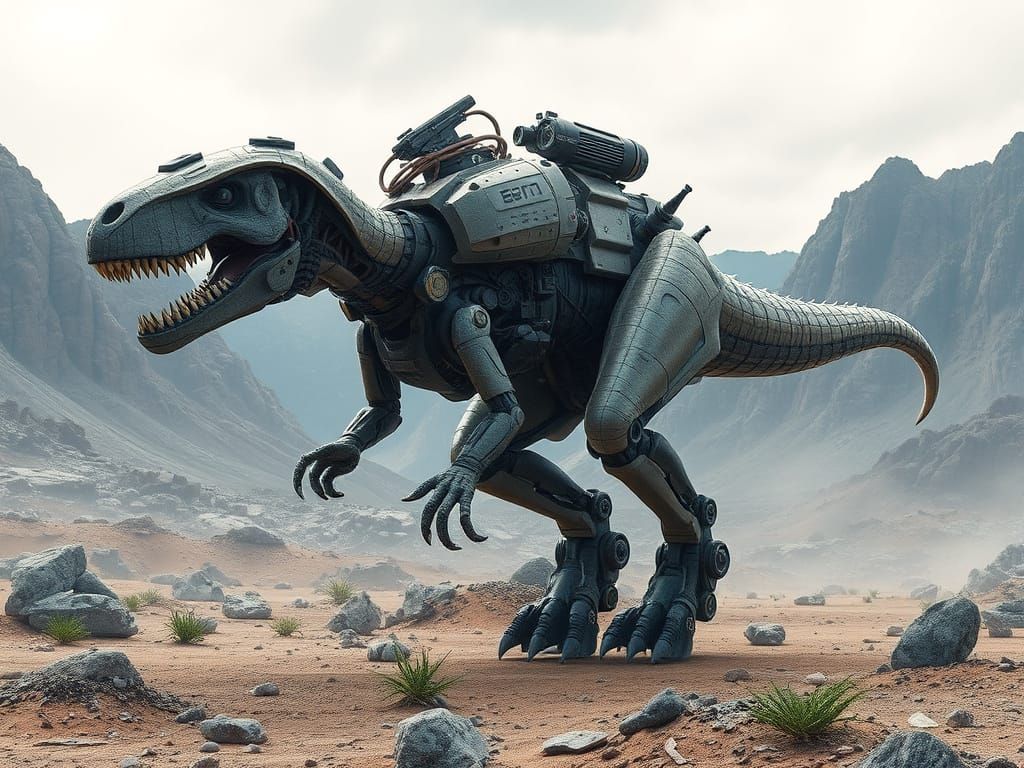 Cybernetic Dino Mech in Prehistoric Landscape