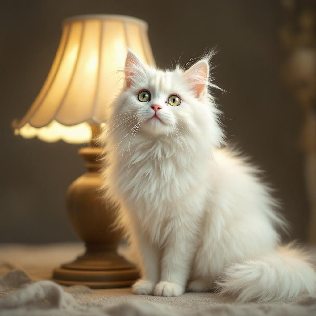 Fluffy White Cat Warming Ears in Hyperrealism Style