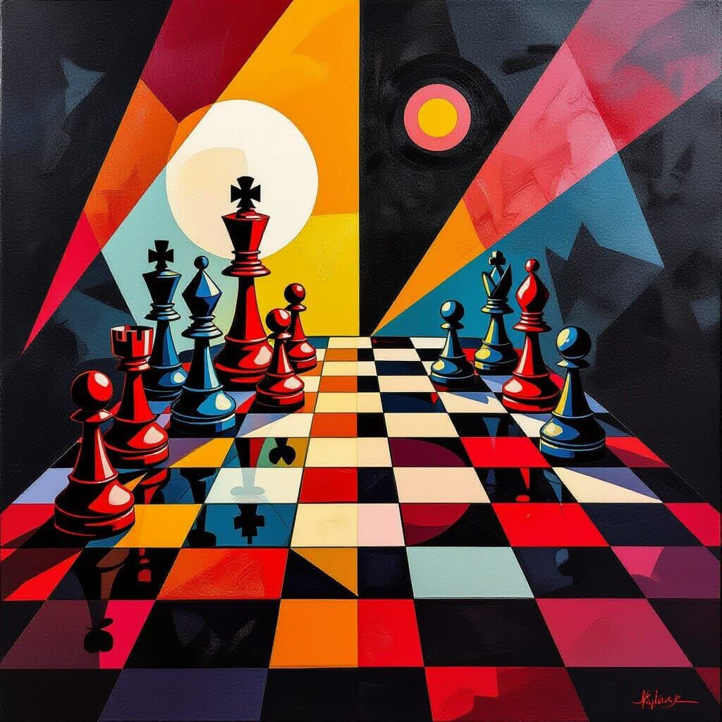 Vibrant Red & Black Chess Set in Abstract Style