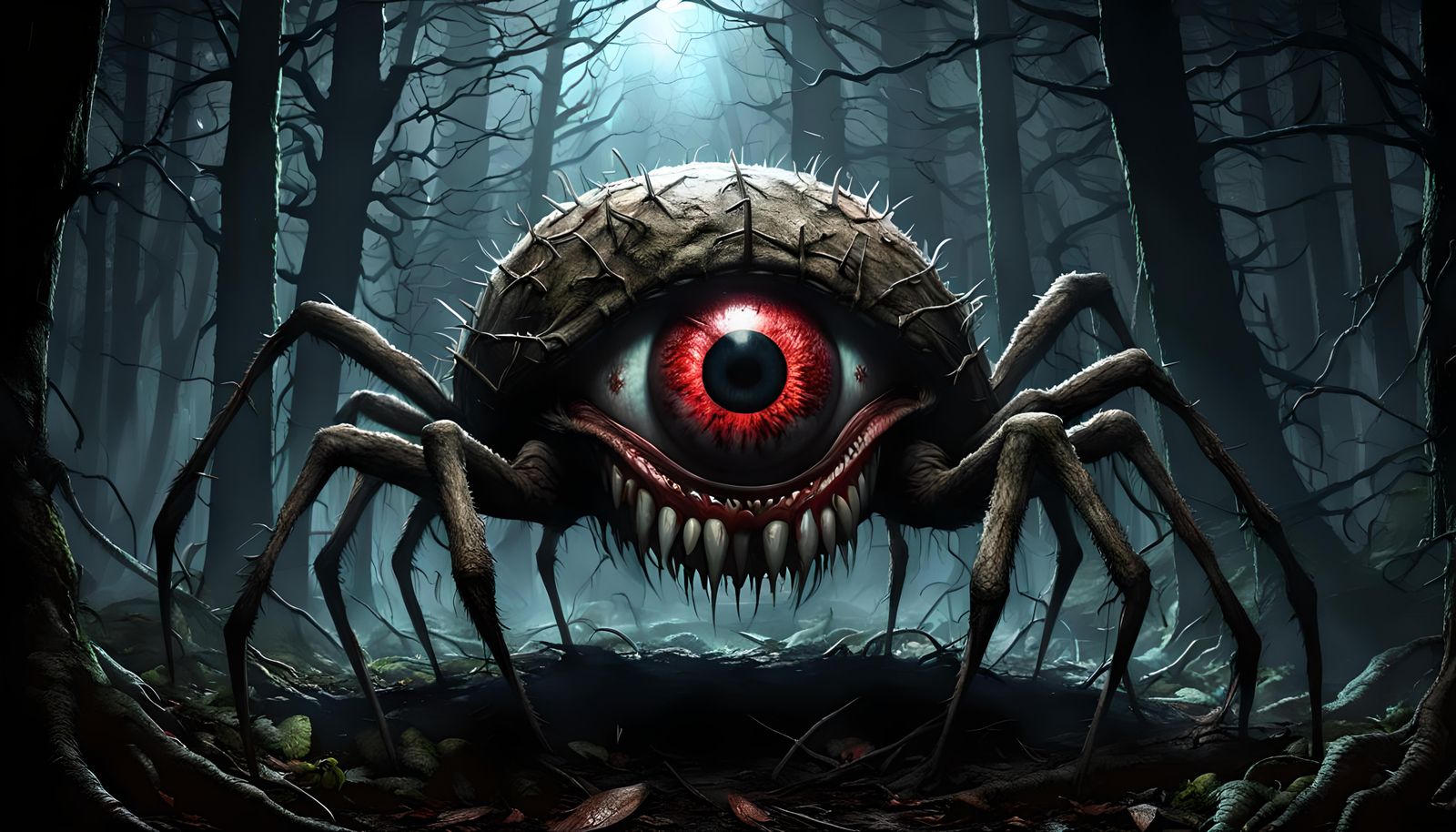 Creepy Eyeball Spider in Dark Forest, Cubist Horror