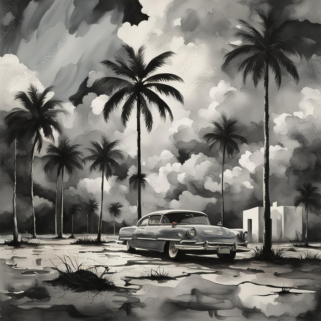 Surreal Miami Modern Landscape in Watercolor