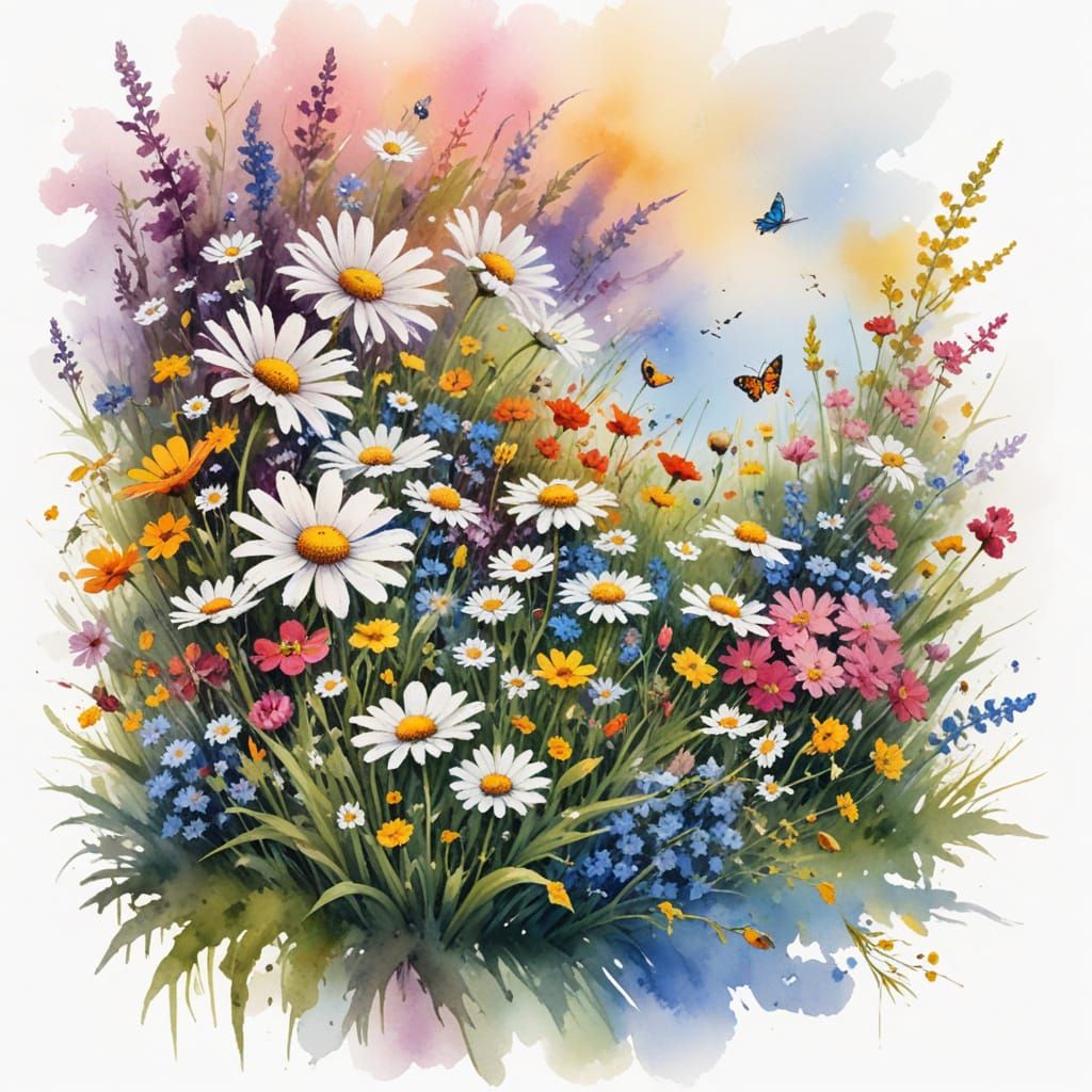 Vibrant Wildflower Bloom in Serene Watercolor Style