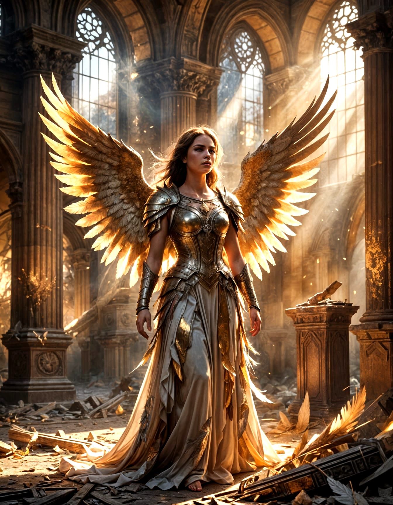 Radiant Angel in Ruined Cathedral: Photorealistic Fantasy Ar...