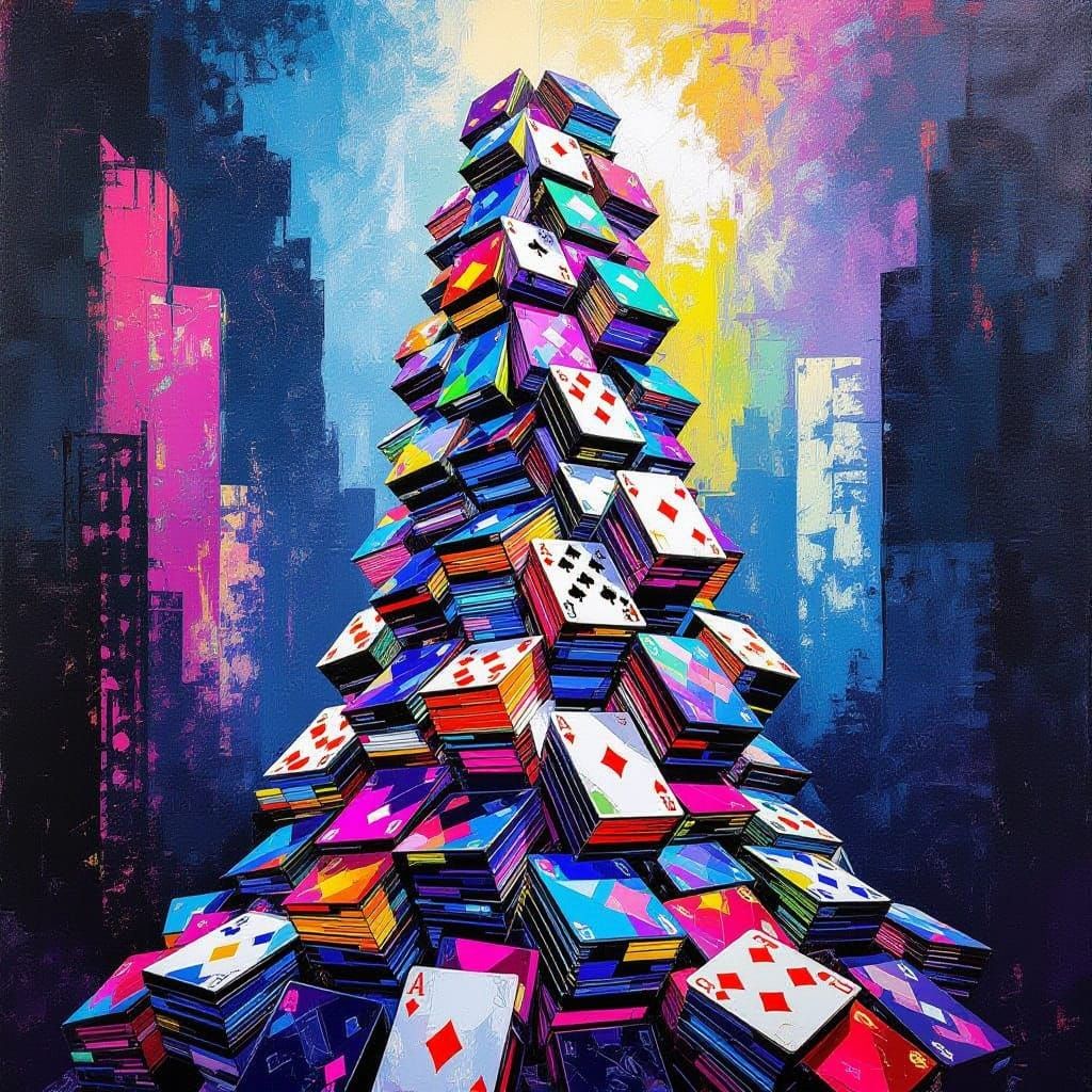 Abstract Cityscape of Iridescent Playing Cards