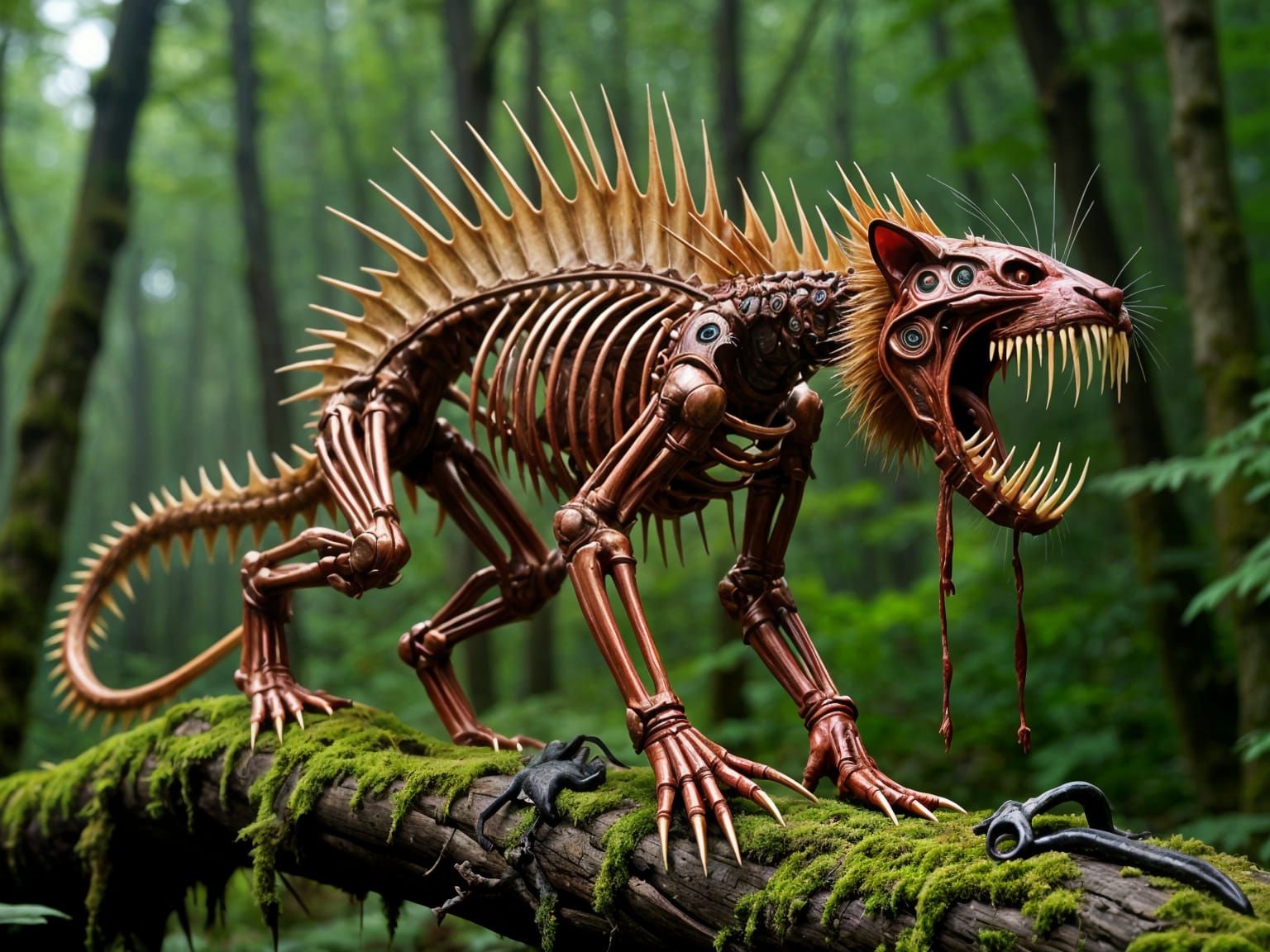 Cyberpunk Jaguar Monster on a Mossy Log