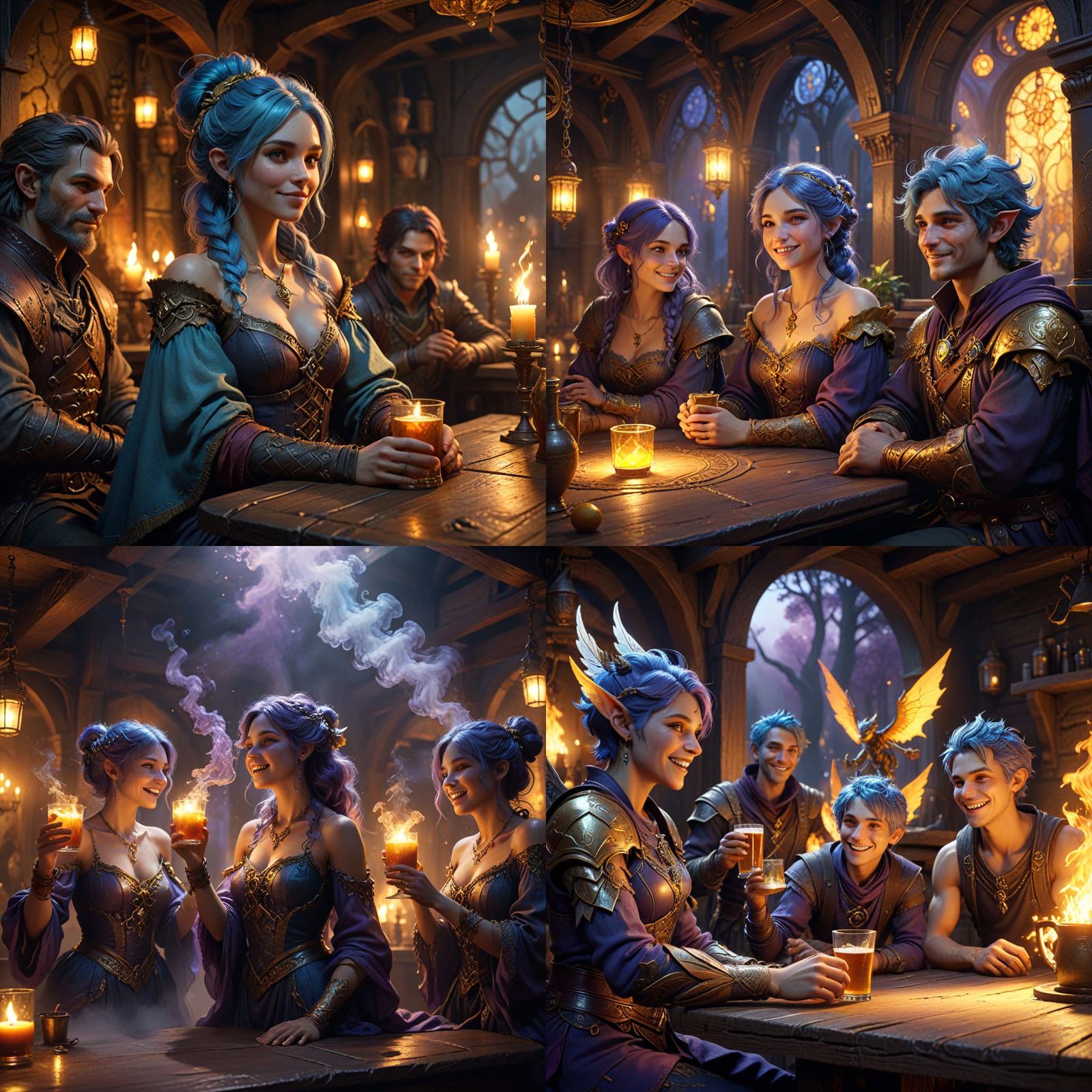 Fantasy Tavern Scene: Pixie, Bard, and Alchemist Enjoy Ale