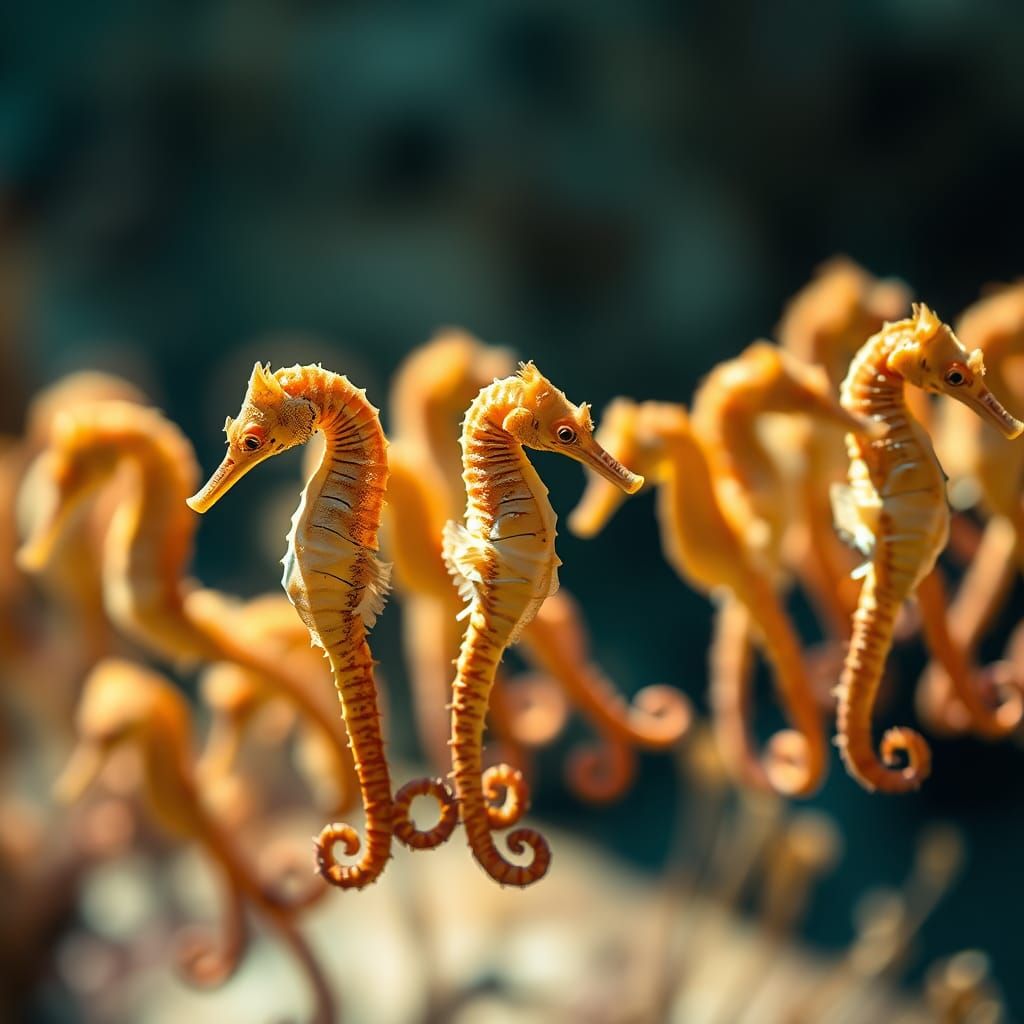 Iridescent Seahorses Harmoniously Swimming in Ocean