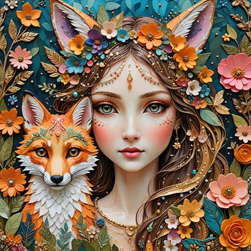 Fairy and Fox Portrait in Applique Collage Style