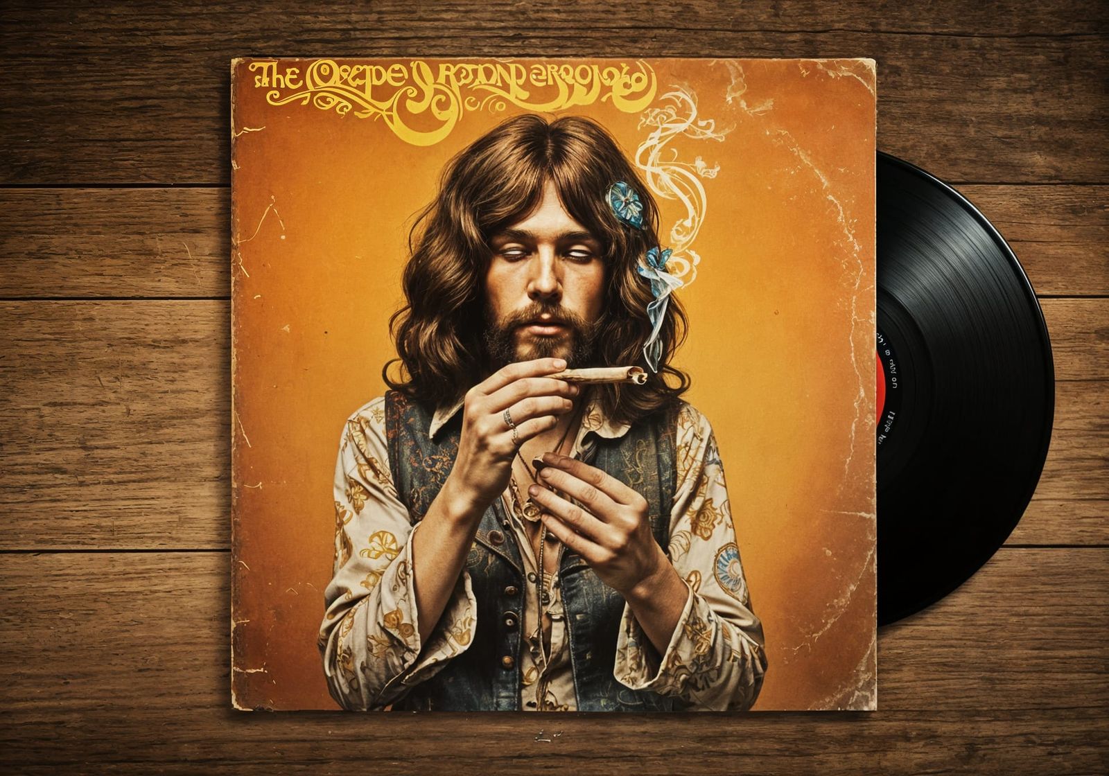 Hippy Rolling Joint on a 70s Rock Album