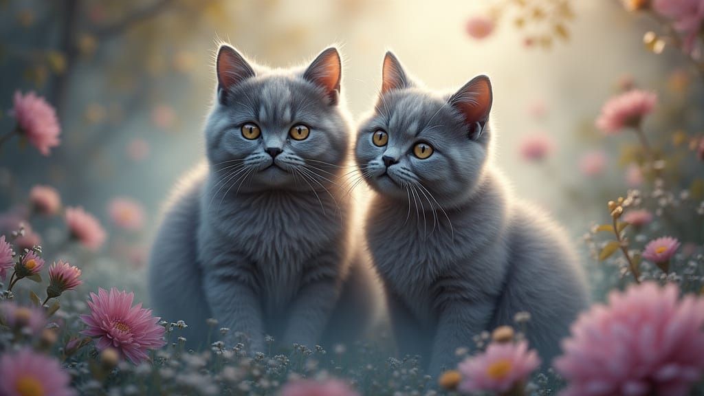 British Shorthairs in Ethereal Fantasy Landscape