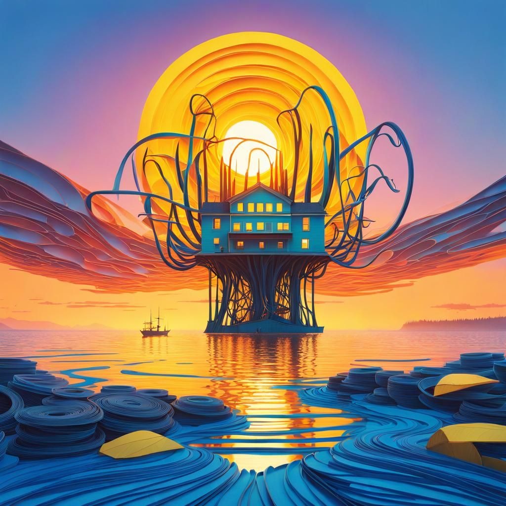 Eldritch Sunset over the Bay in Retrofuturist Style