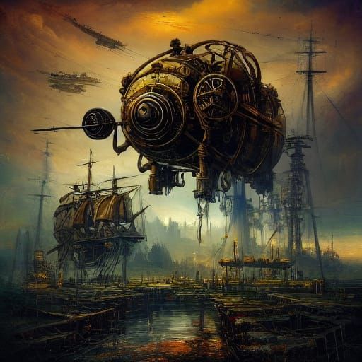 Steampunk Clockwork Automaton Beside Wild Airship