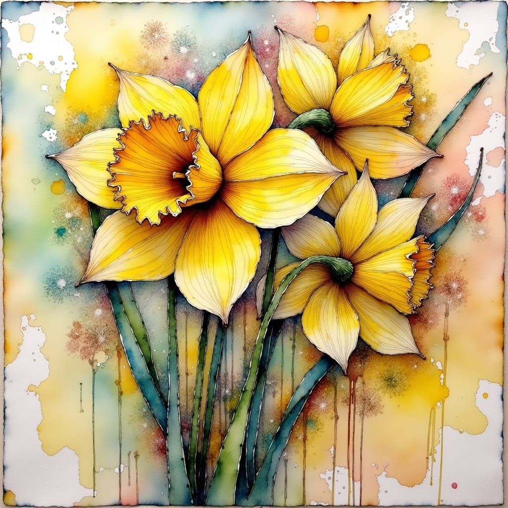 Vibrant Daffodil in Textured Watercolor and Encaustic Style