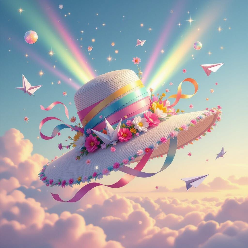 Gigantic Floating Hat of Paint Ribbons in Pastel Sky