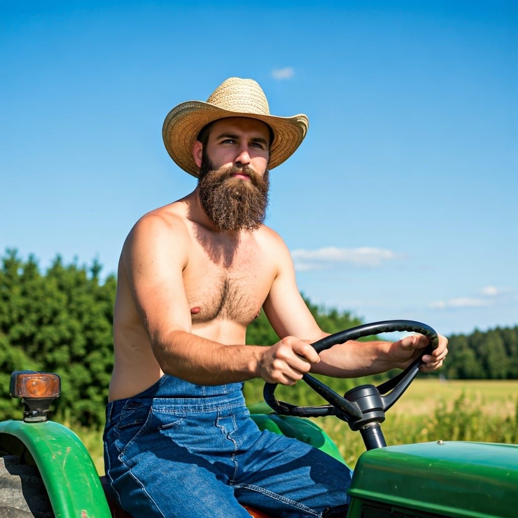 Shirtless Farmer Driving Tractor