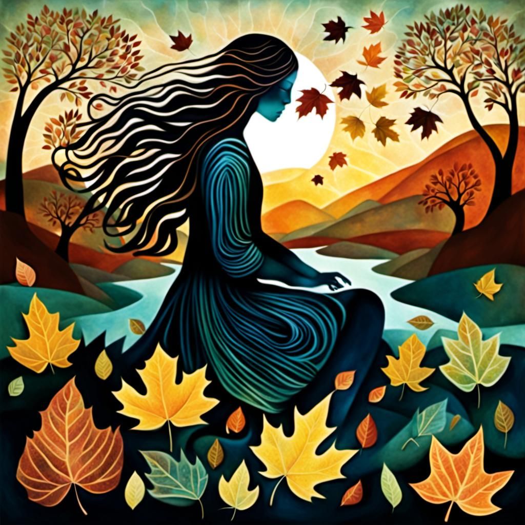 Autumnal Paper Collage Bio Art of Woman with Leaves