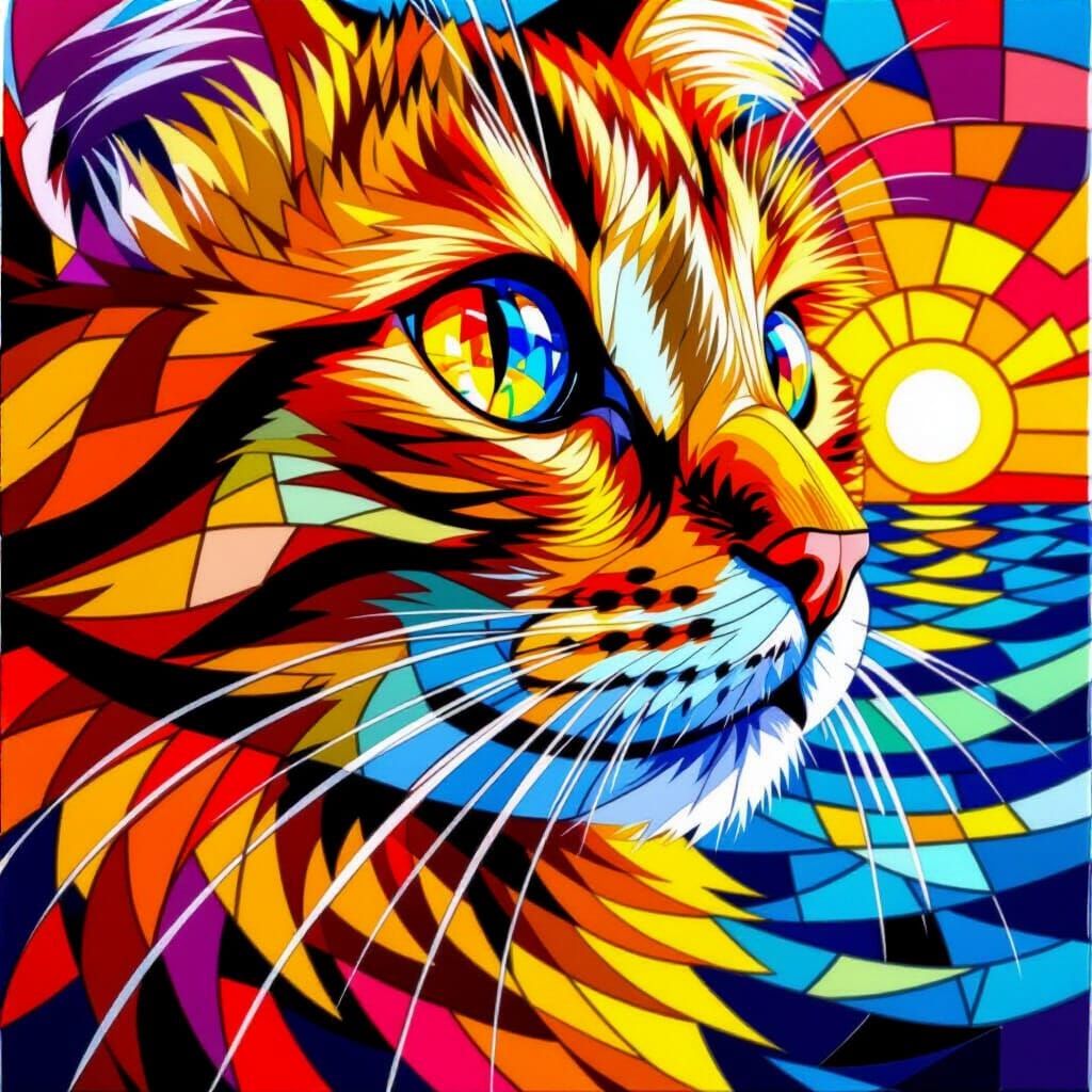 Mosaic Cat Portrait with Sunset Background
