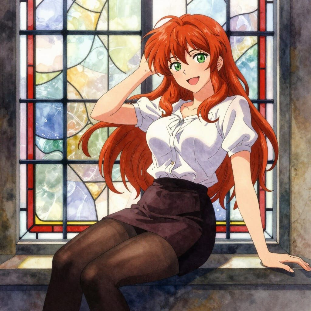 Red Haired Woman by Stained Glass Window in Watercolor Style
