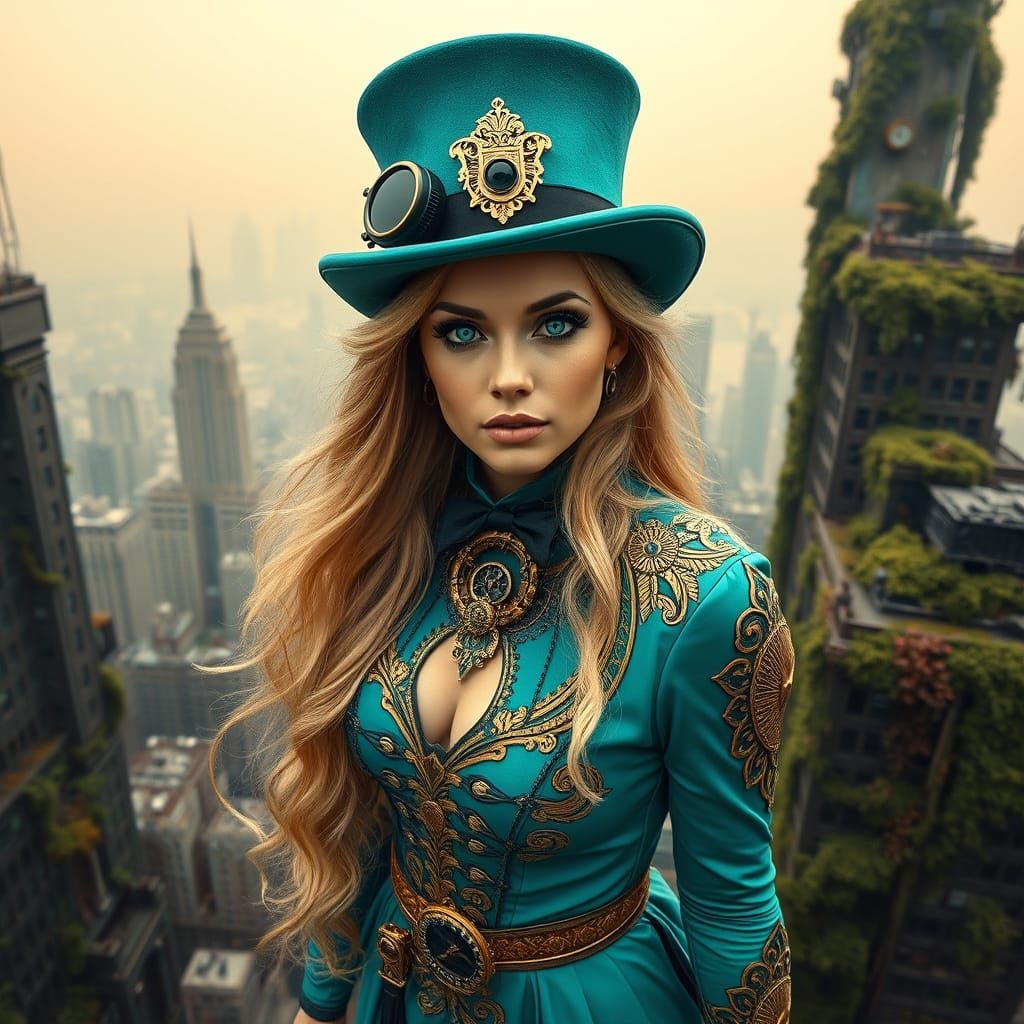 Steampunk Woman in Dystopian Cityscape
