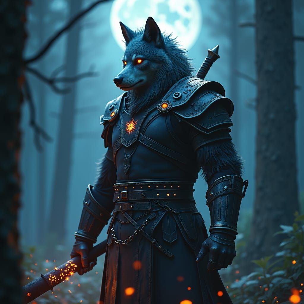 Mystical Wolf Witcher in Moonlit Forest