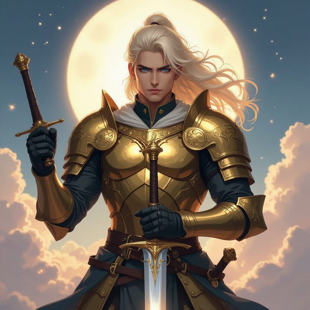 Golden Knight with Sword in Heroic Anime Style