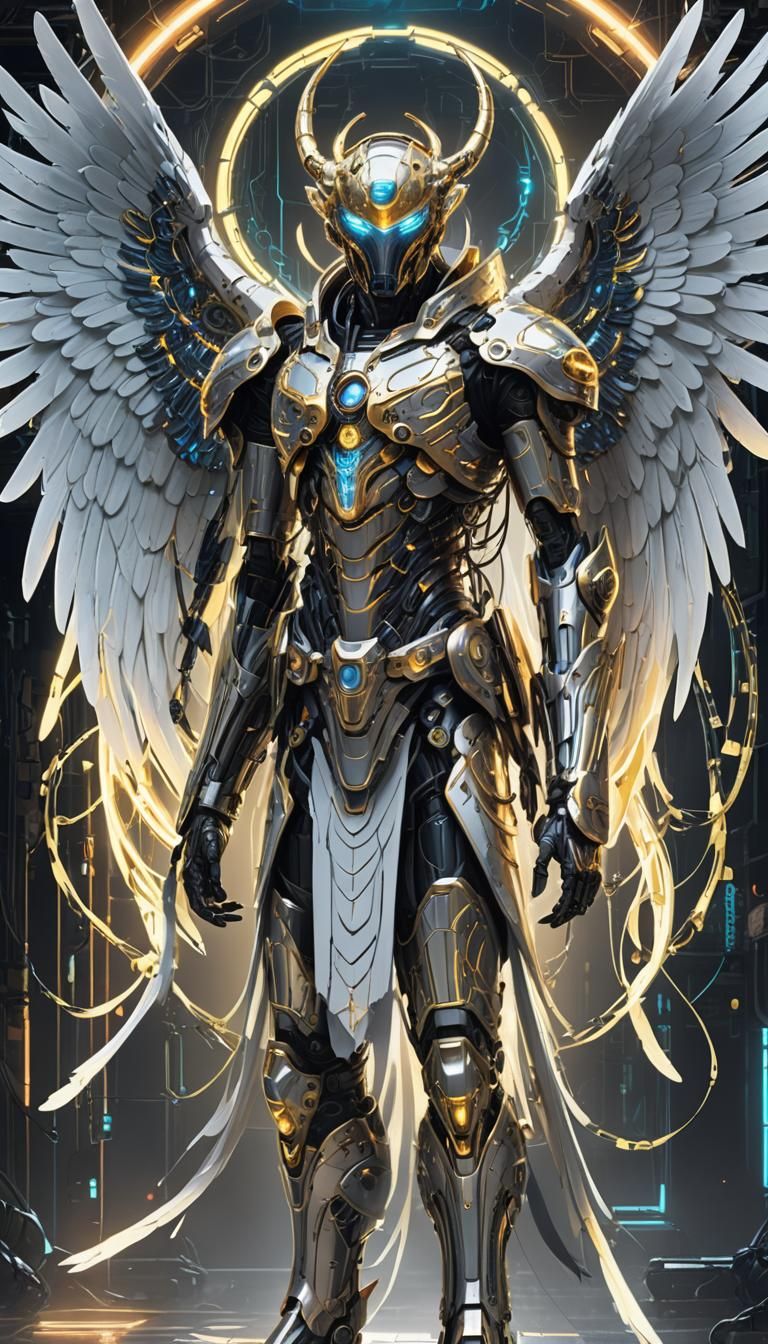 Cybernetic Angel Serpent Fusion in Ruined Cityscape