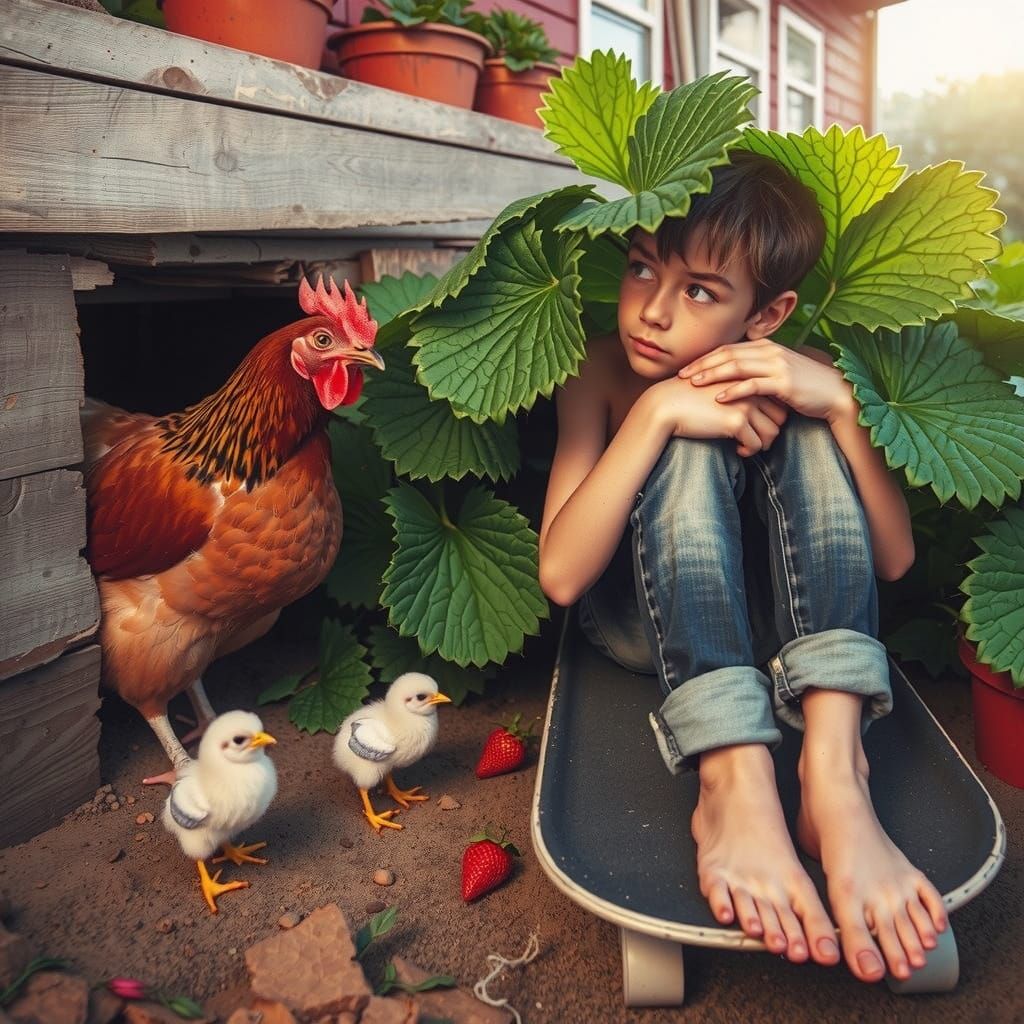 Emerald and Sapphire Chicken in Whimsical Farm Yard