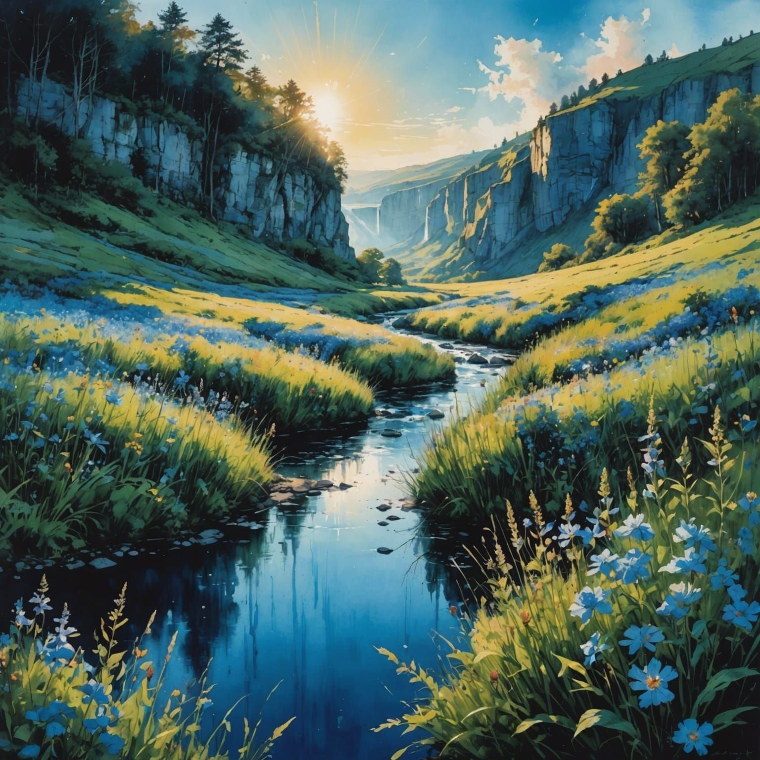 Lush Blue Summerscape in Watercolor Style