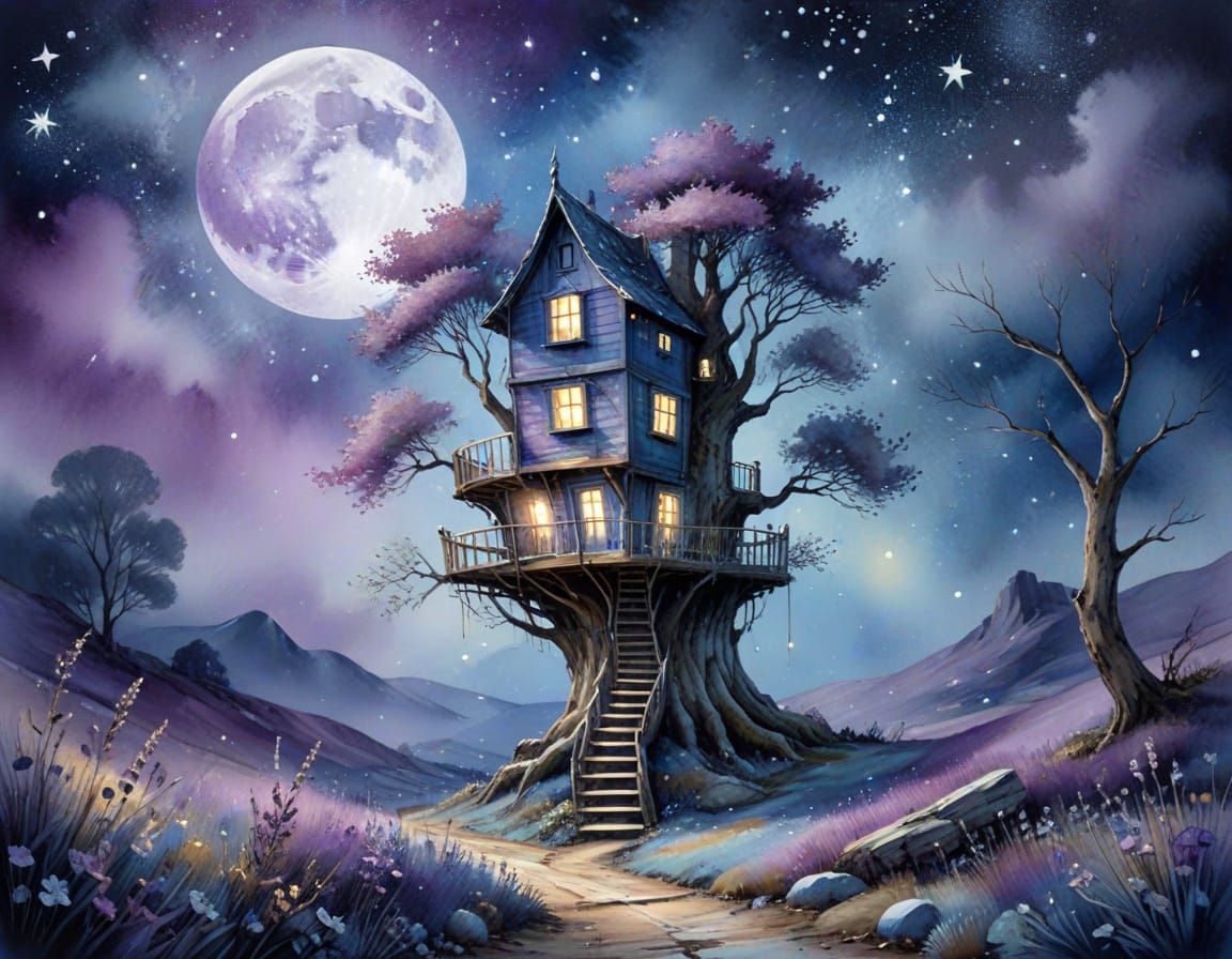 Ethereal Moonlit Tree House in Watercolour