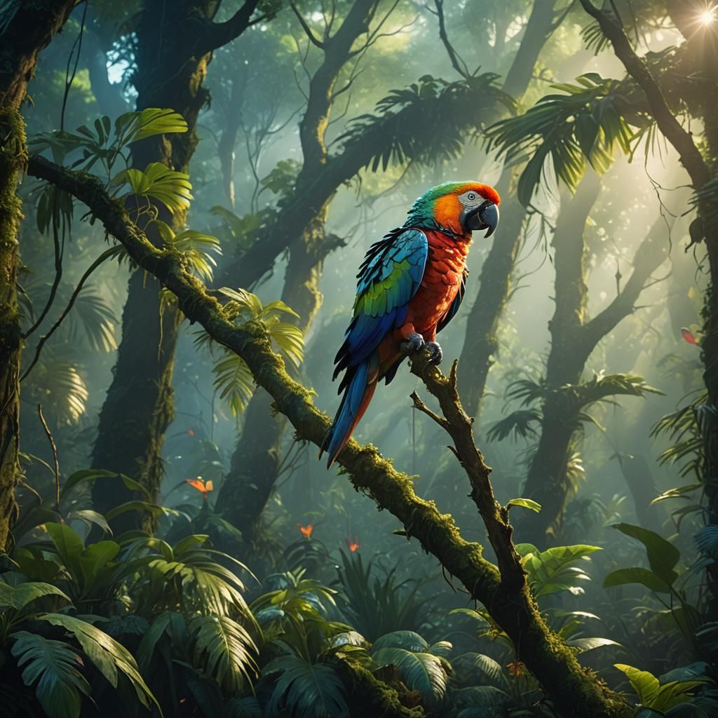 Colorful Parrot in Mystical Forest: Fantasy Art