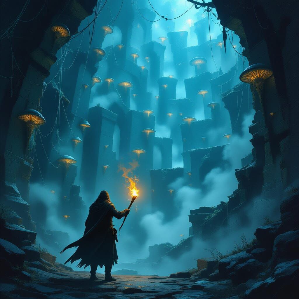 Explorer Confronts Giant Spiderweb Maze in Dark Fantasy Styl...