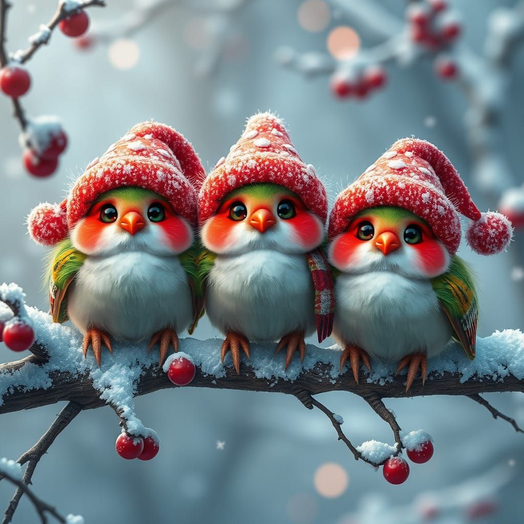 Three Sugar-Dusted Piparkoogipoisid Perch on a Snowy Branch