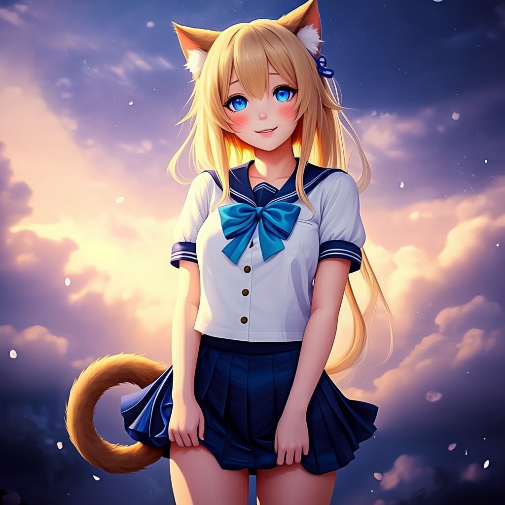 Anime Cat Girl Blushing in School Uniform, Romantic Fantasy ...