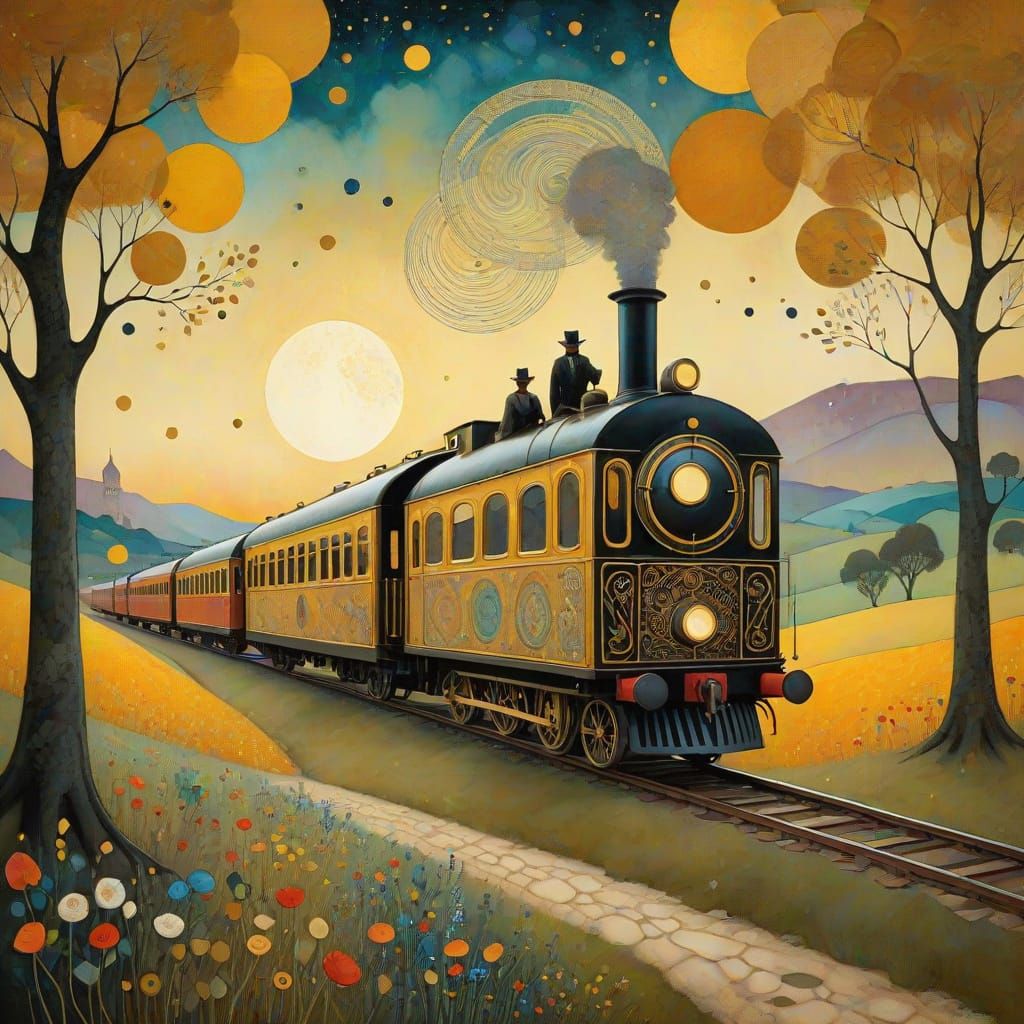 A Train Traveling Through The Countryside In Folk Art Nouveau Style