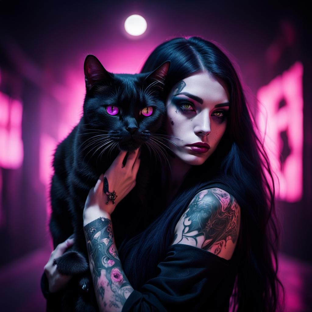 Gothic Girl with Black Cat in Moody Portrait