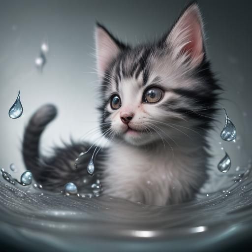 Hyperrealistic Kitten in Water Droplets