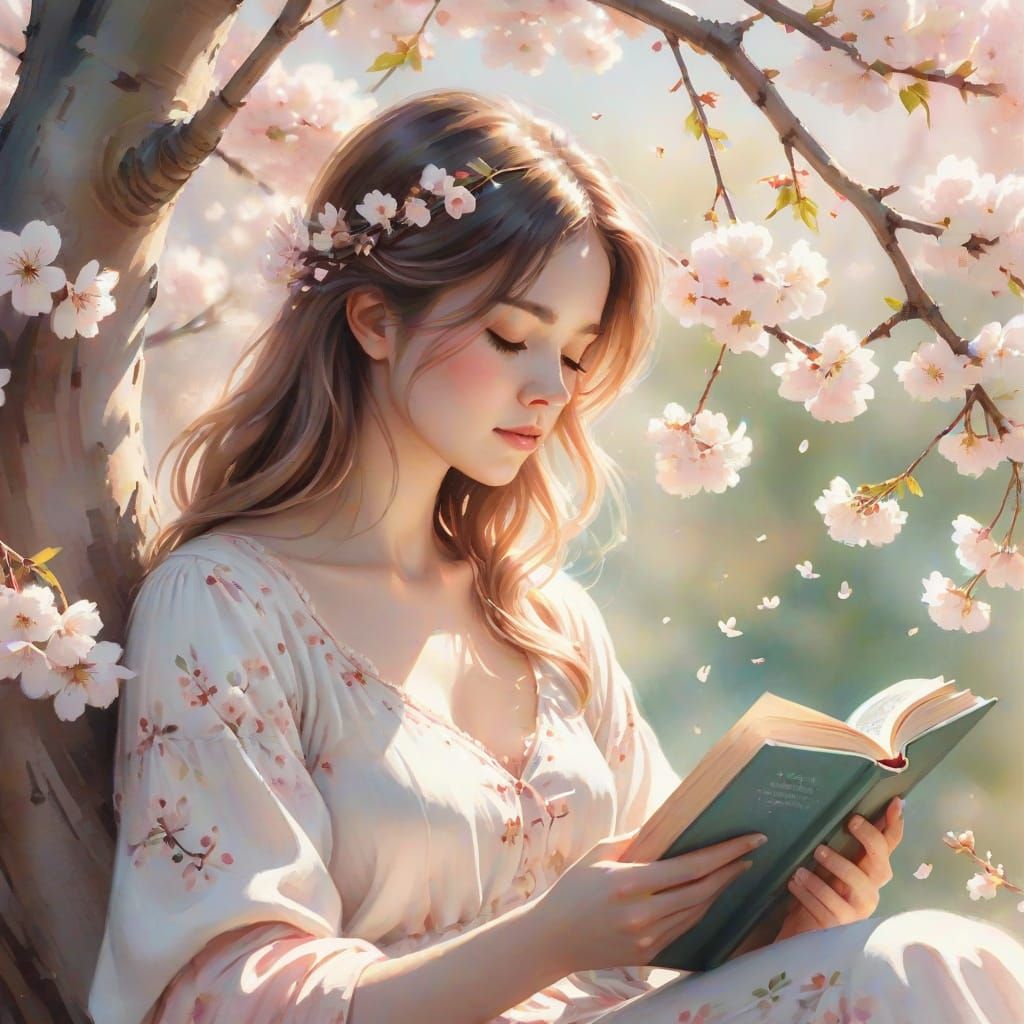 Girl Reading in Cherry Tree: Watercolor Concept Art
