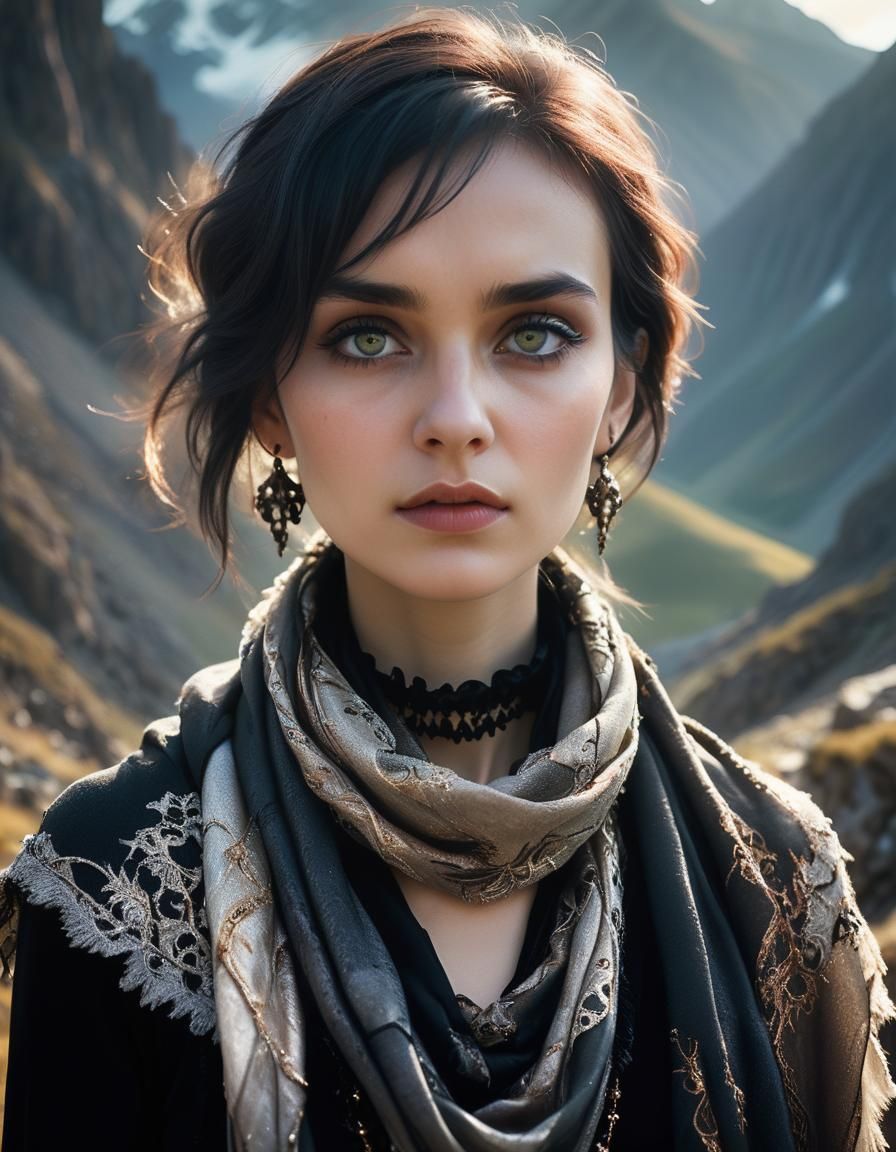 Gothic Woman Portrait in Mountain Landscape