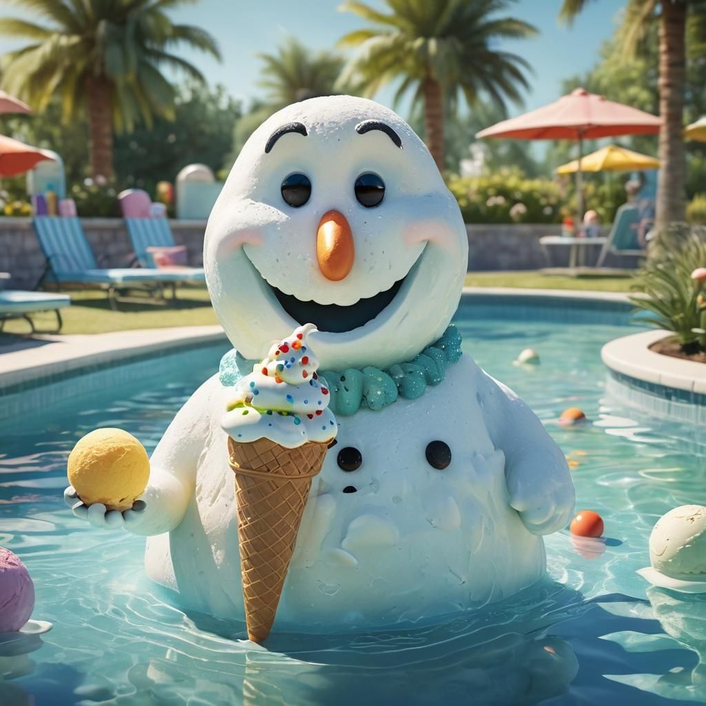 Snowman Melts Serving Ice Cream: Summer Whimsy