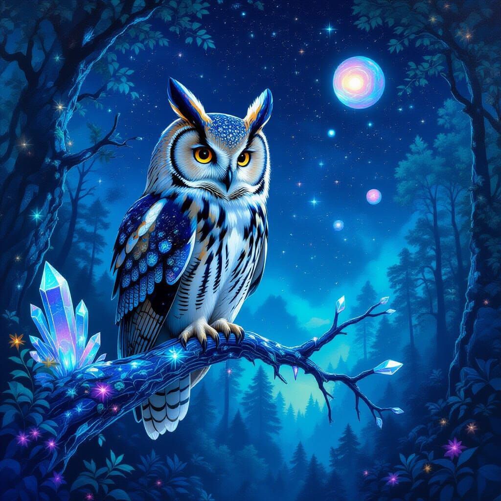 Majestic Owl on Crystal Branch in Bioluminescent Forest