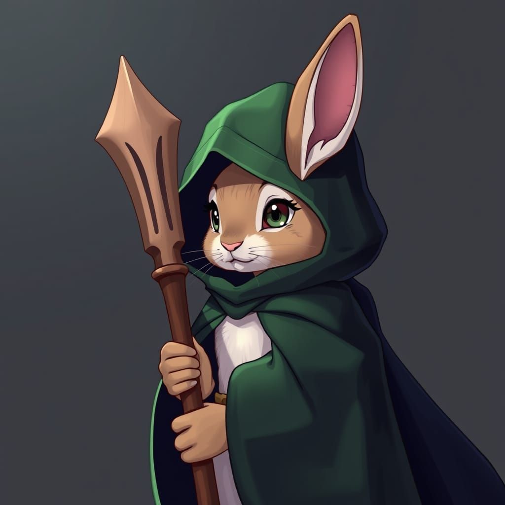 Anime-Style Rabbit Wizard in Dark Green Cloak