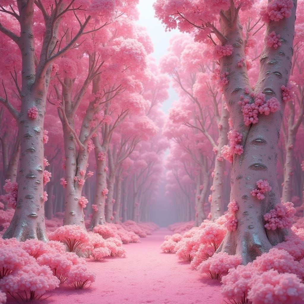 Whimsical Pink Forest of Fantastical Trees and Glittering Vi...