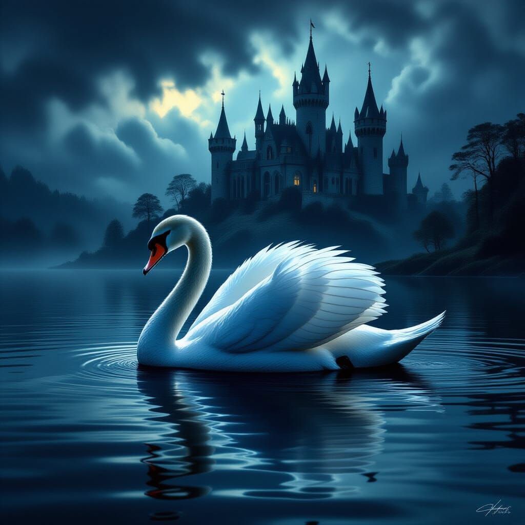 Ancient Swan on Melancholic Lake with Gothic Castle