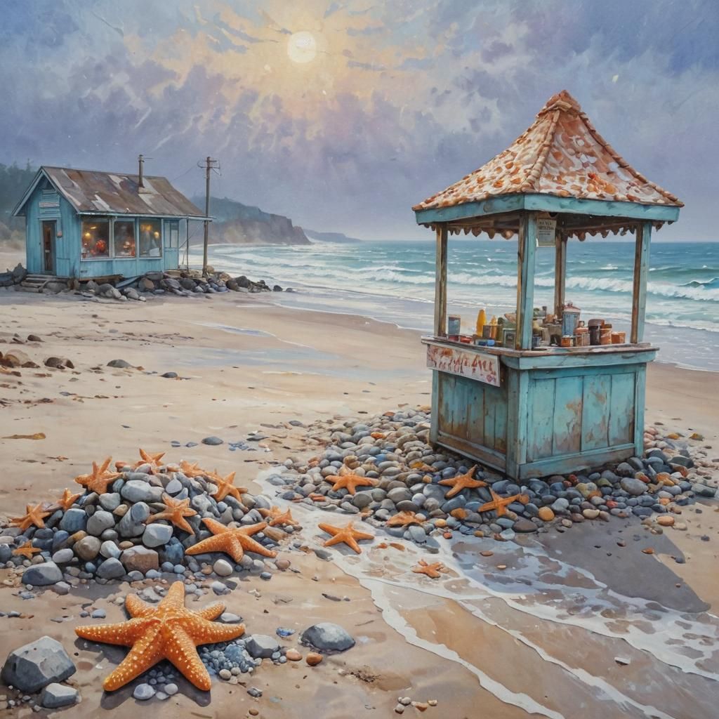 Deserted Beach Ice Cream Shop in Post-Impressionist Style