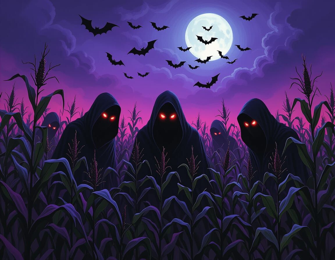 Haunted Ghouls in Cornfield Under Bat-Filled Sky