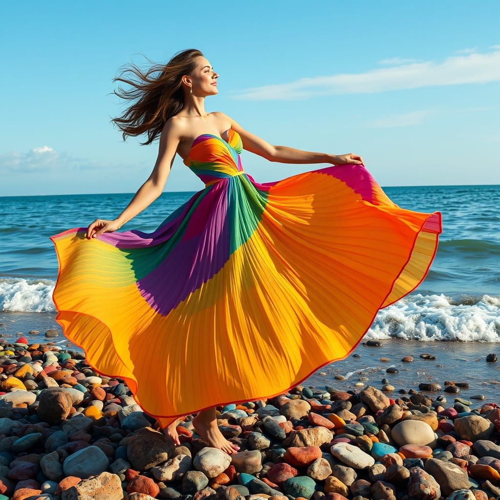 Rainbow Woman Dancing at Seaside: Digital Art