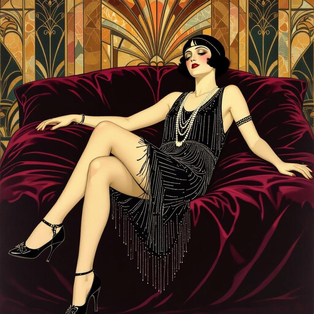 Flapper Louise Brooks on Art Deco Bed