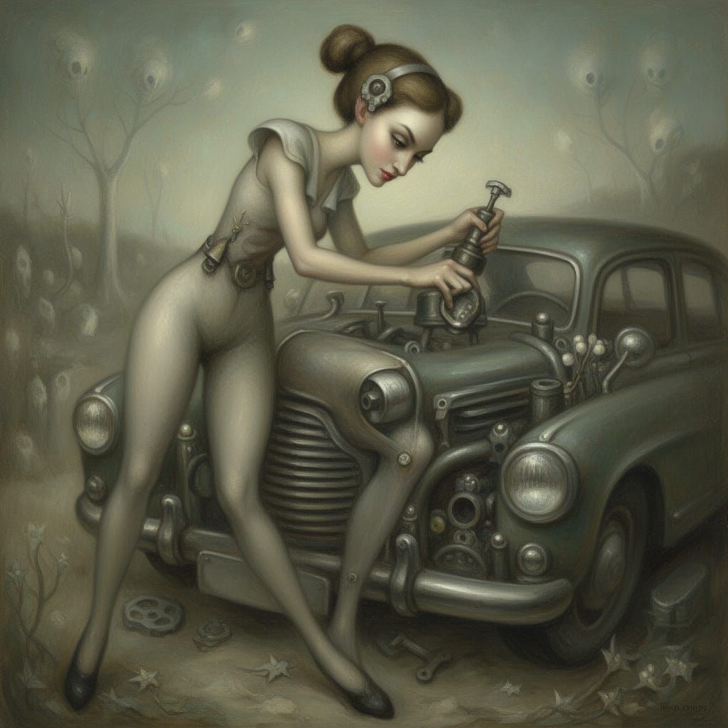Whimsical Mechanic Pin-Up Paints Vintage Car