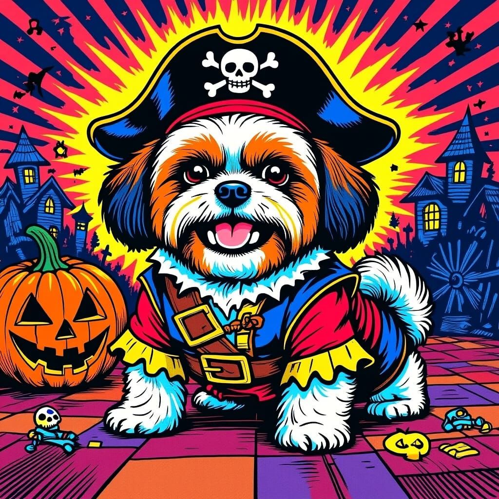 Happy Shih Tzu Pirate at Psychedelic Halloween Party
